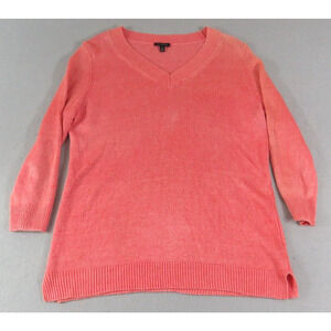 Talbots 100% Linen Cable Knit V-Neck Orange Cream Oversized Sweater Women's M